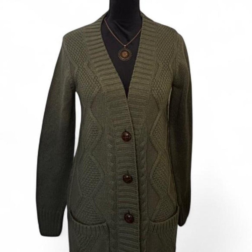 Olive green cable knit cardigan with wooden buttons and pockets
